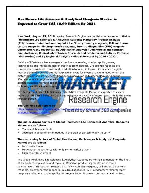 Healthcare Life Sciences & Analytical Reagents Market is Expected to Grow US$ 10.00 Billion By 2024