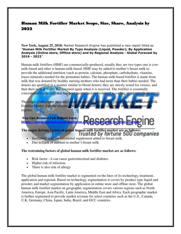 Human Milk Fortifier Market Scope, Size, Share, Analysis by 2022