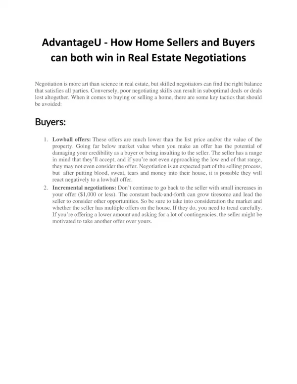 AdvantageU - How Home Sellers and Buyers can both win in Real Estate Negotiations