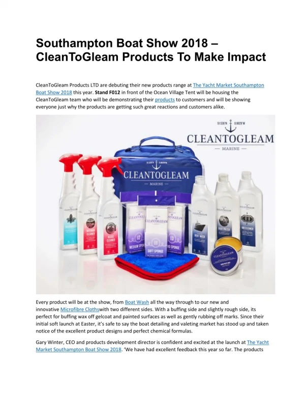 Southampton Boat Show 2018 – CleanToGleam Products To Make Impact
