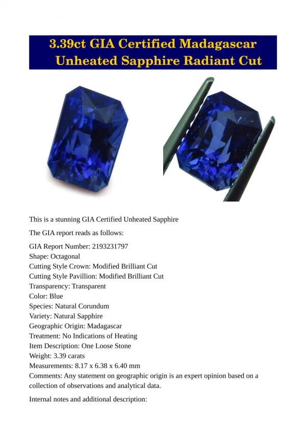 3.39ct GIA Certified Madagascar Unheated Sapphire Radiant Cut