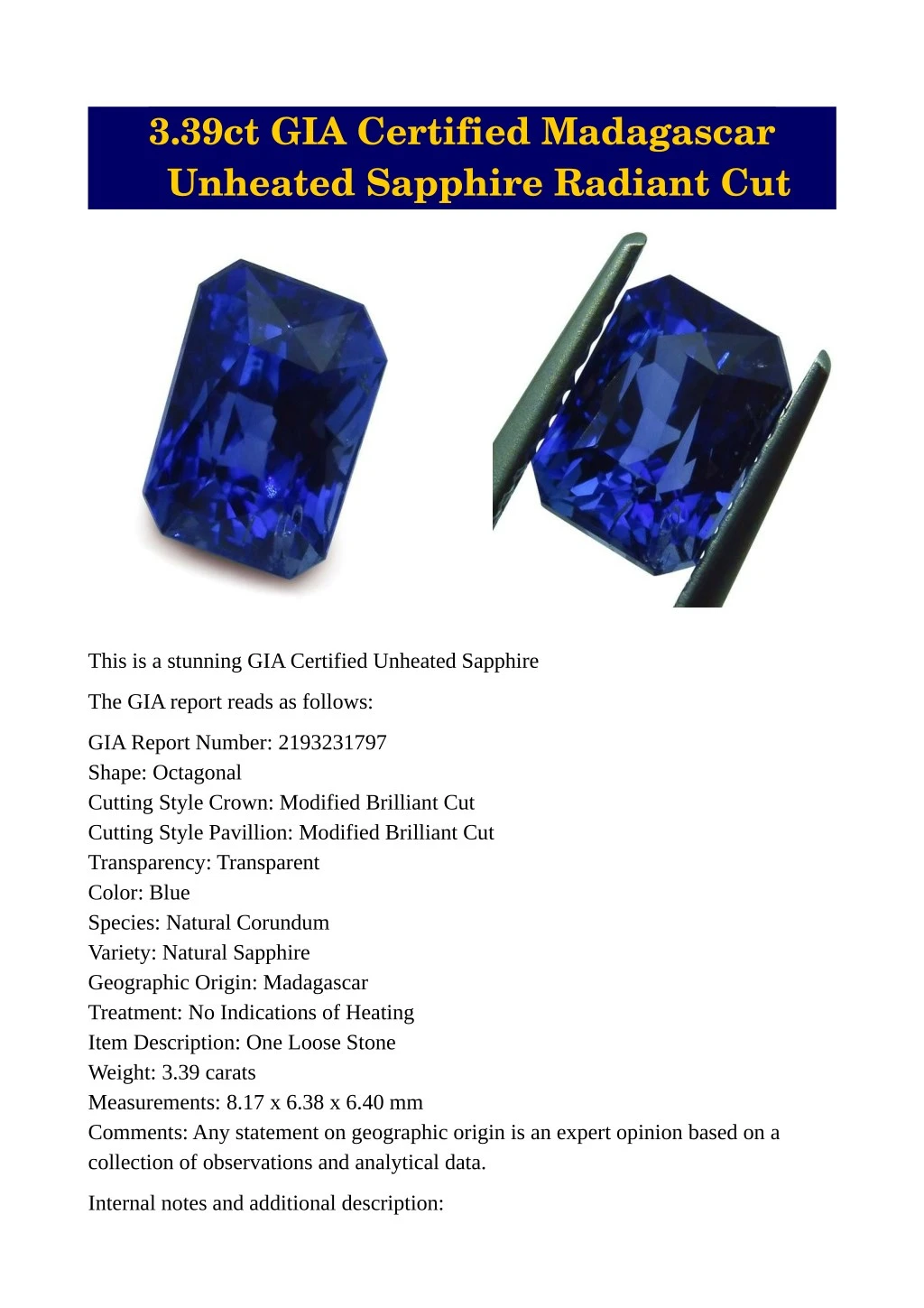 3 39ct gia certified madagascar unheated sapphire