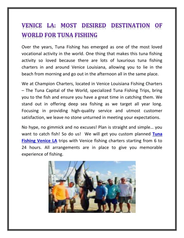 VENICE LA: MOST DESIRED DESTINATION OF WORLD FOR TUNA FISHING