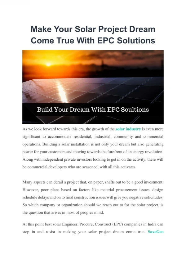 Make Your Solar Project Dream Come True With EPC Solutions