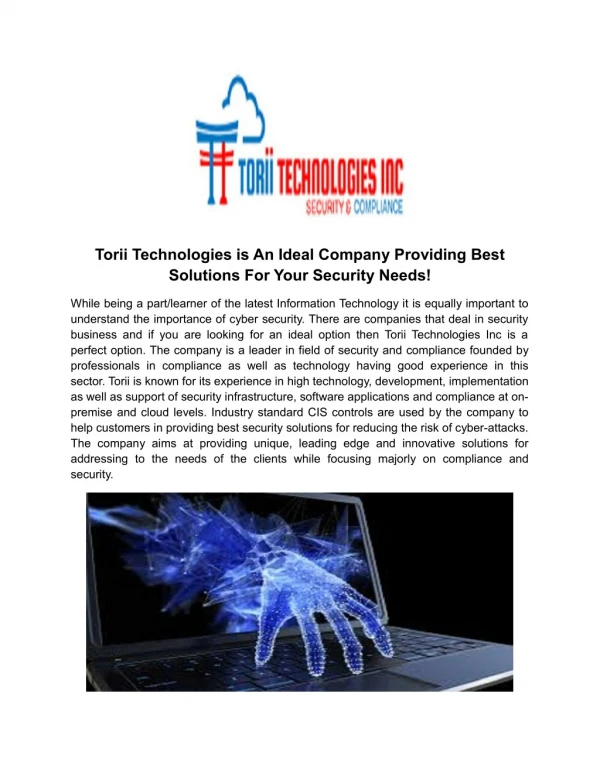 Torii Technologies is An Ideal Company Providing Best Solutions For Your Security Needs!