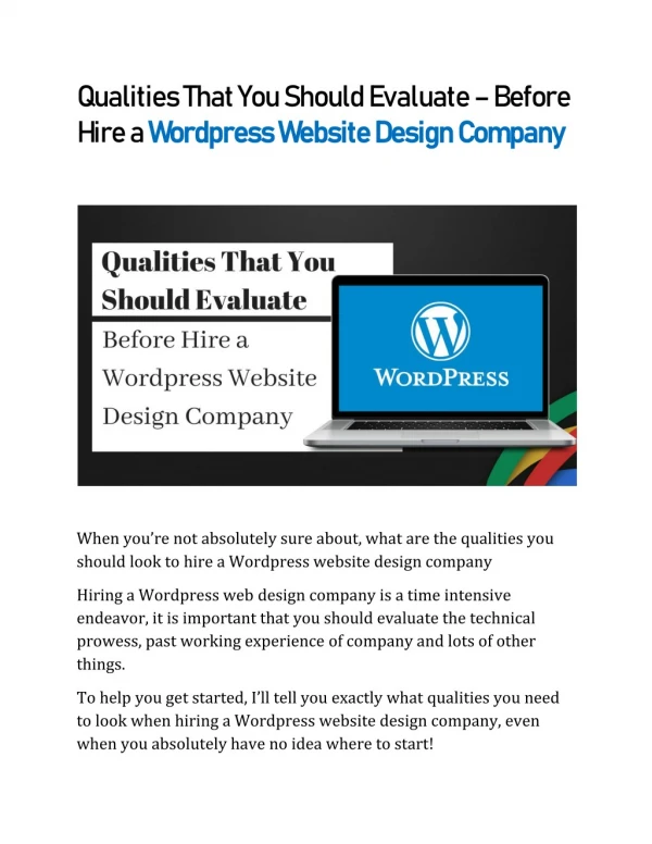Qualities That You Should Evaluate Before Hire a Wordpress Website Design Company