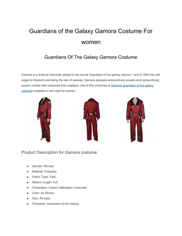 Guardians of the Galaxy Gamora Costume For women