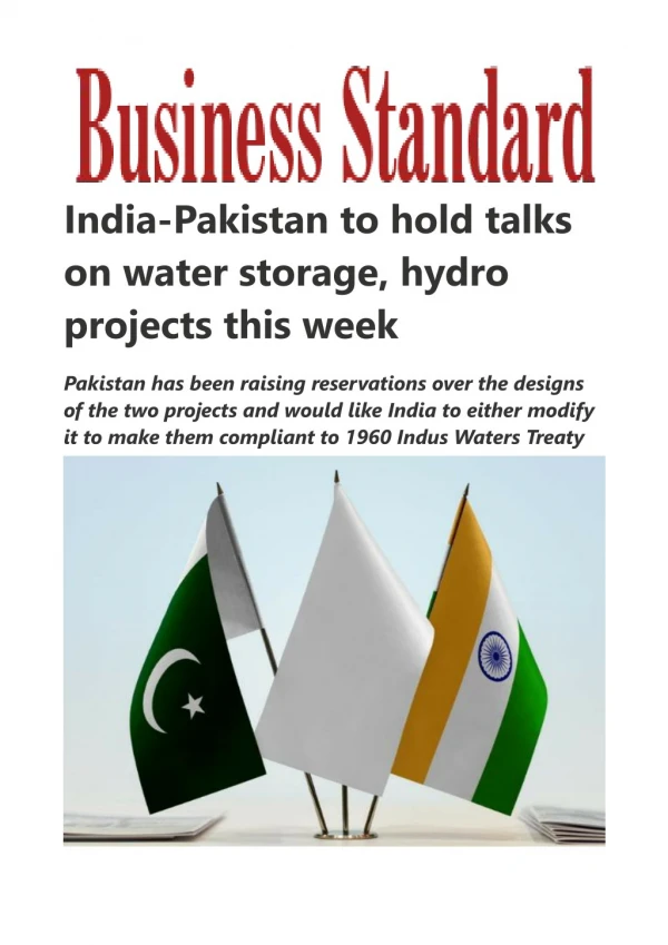 India-Pakistan to hold talks on water storage, hydro projects this week