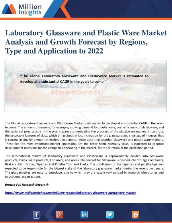 Laboratory Glassware and Plastic Ware Market Analysis and Growth Forecast by Regions, Type and Application to 2022