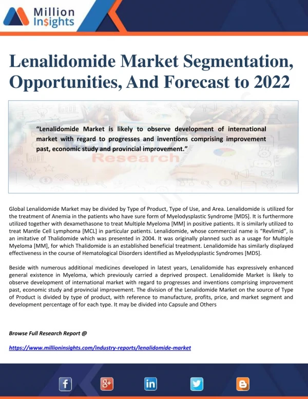 Lenalidomide Market Segmentation, Opportunities, And Forecast to 2022