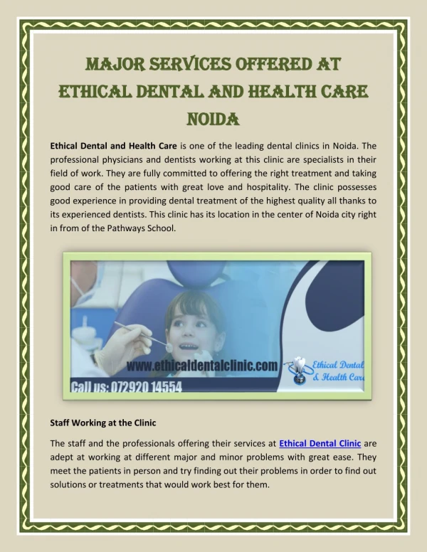 Major Services Offered at Ethical Dental and Health Care Noida