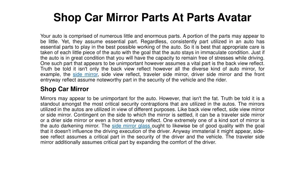 shop car mirror parts at parts avatar
