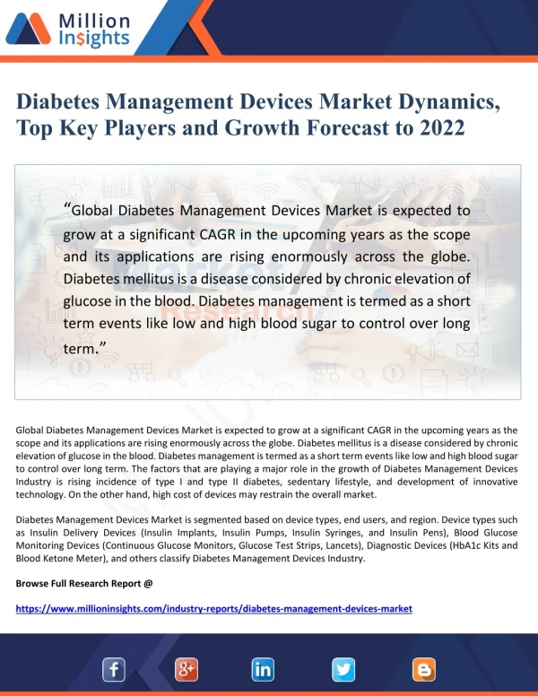 Diabetes Management Devices Market Dynamics, Top Key Players and Growth Forecast to 2022