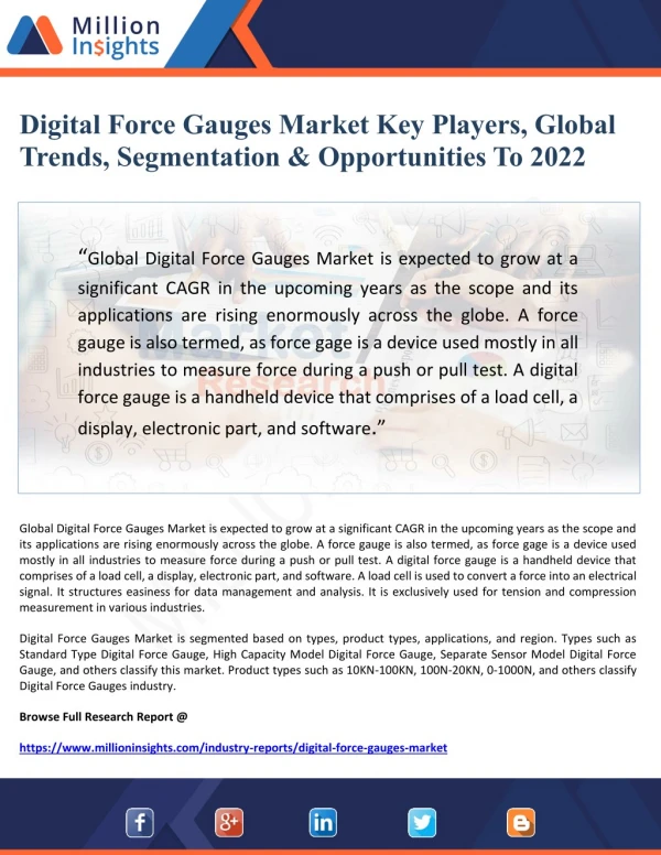 Digital Force Gauges Market Key Players, Global Trends, Segmentation And Opportunities To 2022