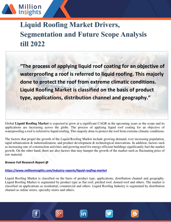 Liquid Roofing Market Drivers, Segmentation and Future Scope Analysis till 2022