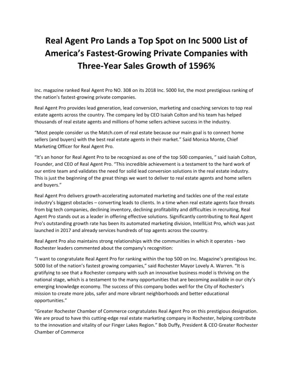 Real Agent Pro Lands a Top Spot on Inc 5000 List of Americaâ€™s Fastest-Growing Private Companies