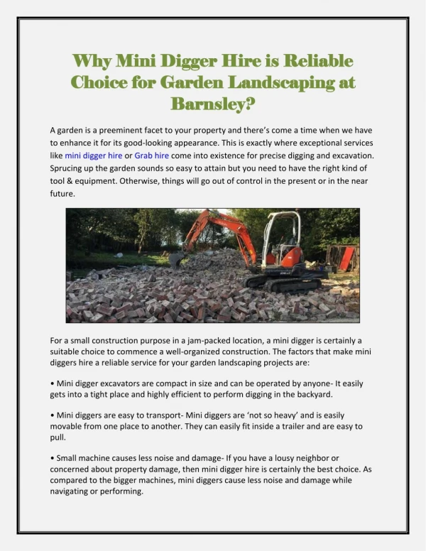 Why Mini Digger Hire is Reliable Choice for Garden Landscaping at Barnsley?