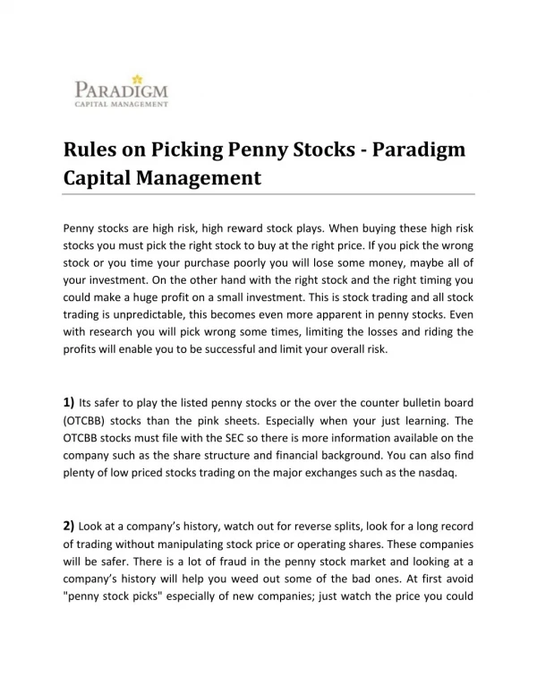 Rules on Picking Penny Stocks - Paradigm Capital Management