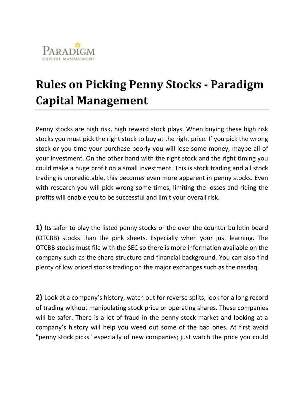 rules on picking penny stocks paradigm capital