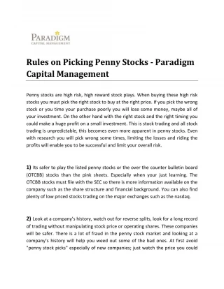 Rules on Picking Penny Stocks - Paradigm Capital Management - slide 1