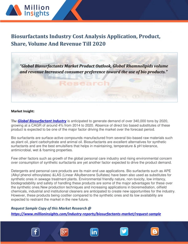Biosurfactants Market Size & Forecast Report, 2012 - 2020