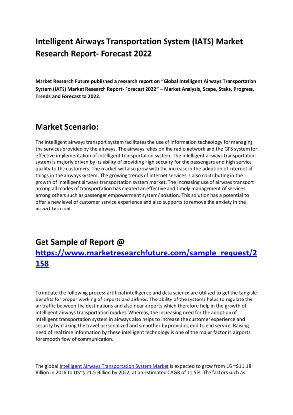 Intelligent Airways Transportation System (IATS) Market Segmentation & Analysis Research Report 2018