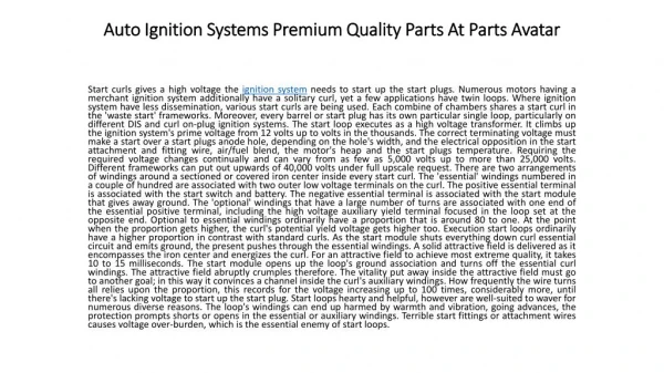 Auto Ignition Systems Best Quality Parts At Parts Avatar