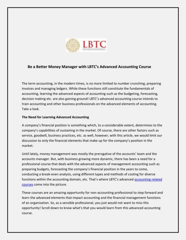 Be a Better Money Manager with LBTC’s Advanced Accounting Course