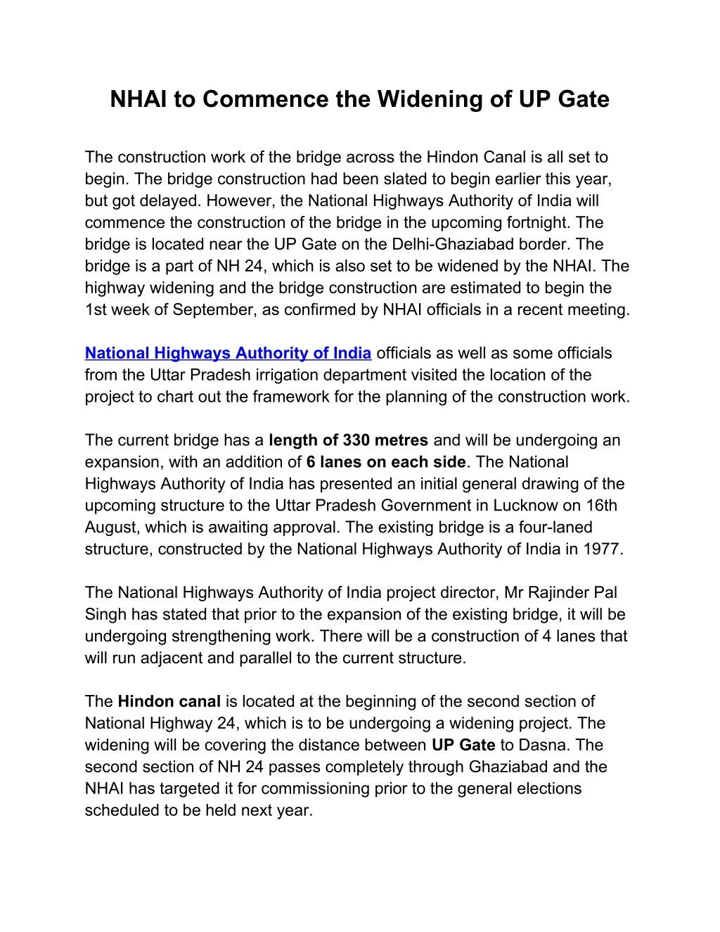 nhai to commence the widening of up gate