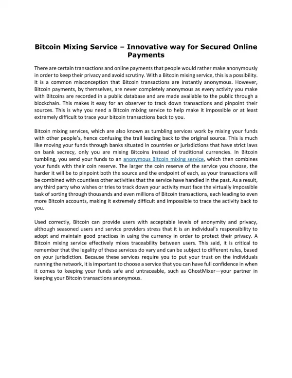 Bitcoin Mixing Service â€“ Innovative way for Secured Online Payments