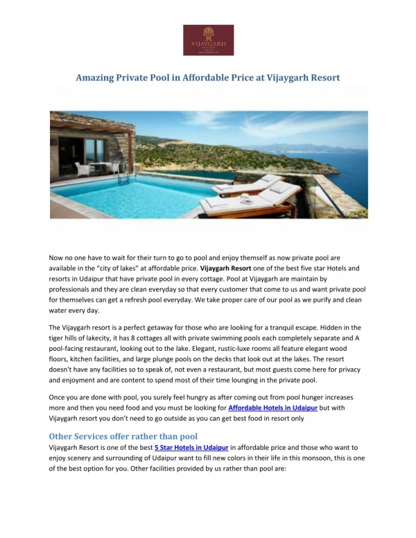 Amazing Private Pool in Affordable Price at Vijaygarh Resort