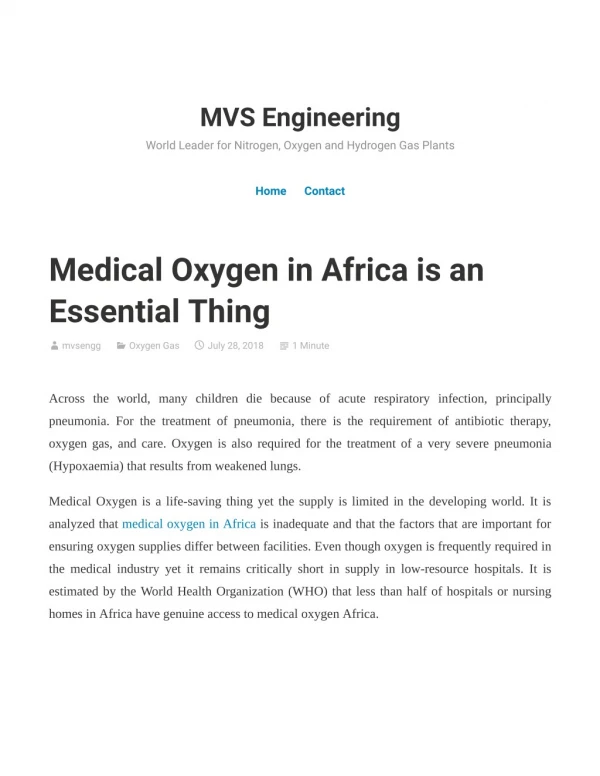 Medical Oxygen in Africa is an Essential Thing