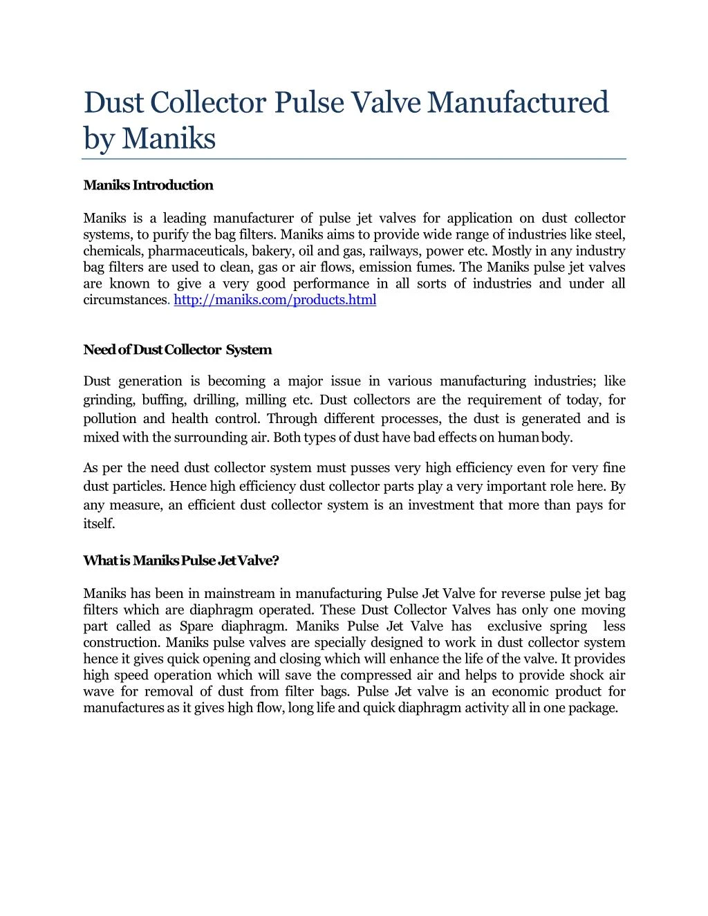 dust collector pulse valve manufactured by maniks