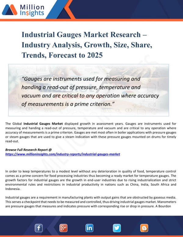 Industrial Gauges Market Analysis and Forecast to 2025 by Recent Trends, Development and Regional Growth Overview