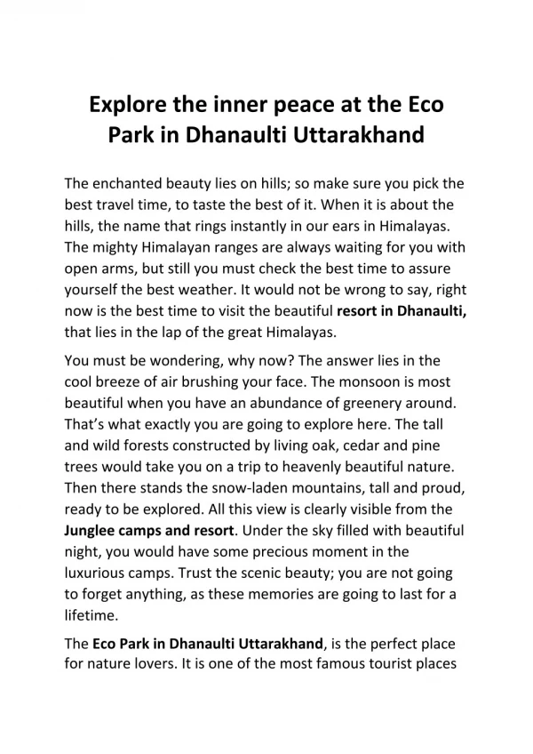 Resort in Dhanaulti | Eco Park in Dhanaulti Uttarakhand | Junglee Resort