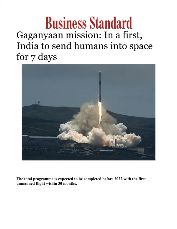 Gaganyaan mission: In a first, India to send humans into space for 7 days