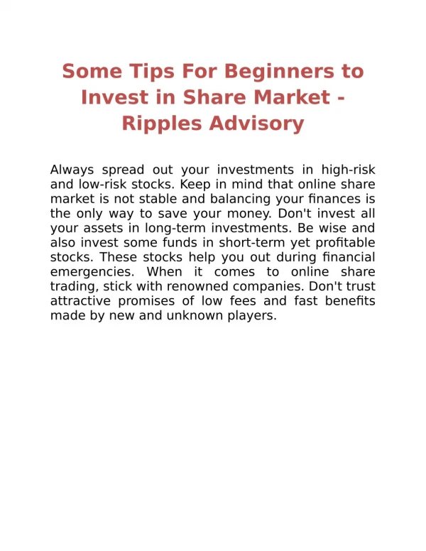 Some Tips For Beginners to Invest in Share Market - Ripples Advisory