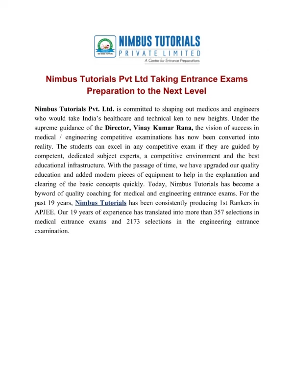 Nimbus Tutorials Pvt Ltd Taking Entrance Exams Preparation to the Next Level