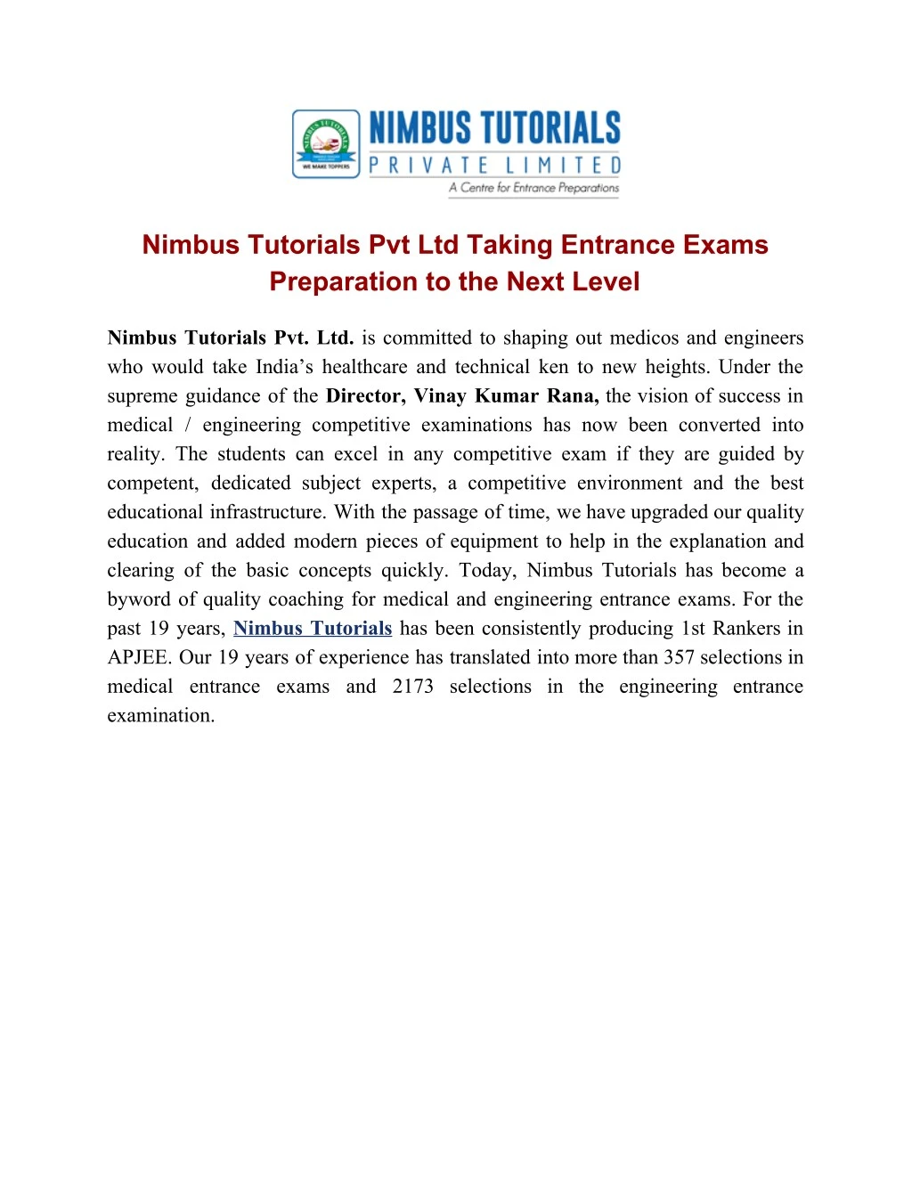 nimbus tutorials pvt ltd taking entrance exams