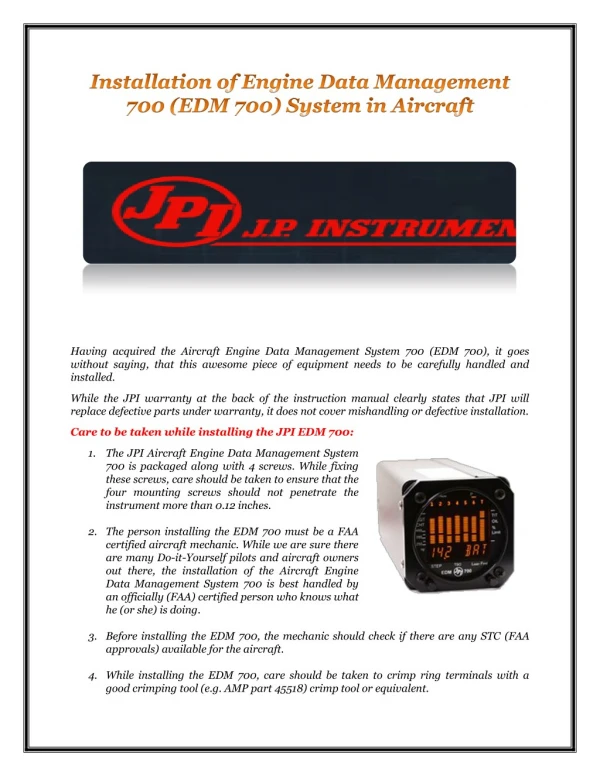 Installation of Engine Data Management 700 (EDM 700) System in Aircraft