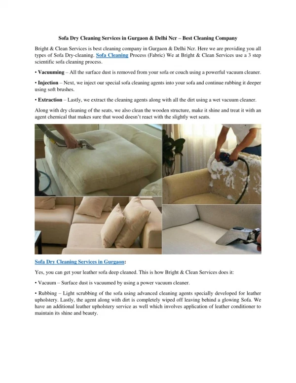 Sofa Dry Cleaning Services in Gurgaon & Delhi Ncr â€“ Best Cleaning Company