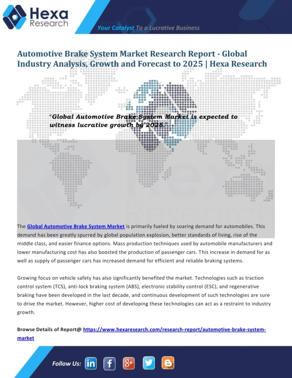 Global Automotive Brake System Market Size, Share, Industry Analysis and Forecast to 2025