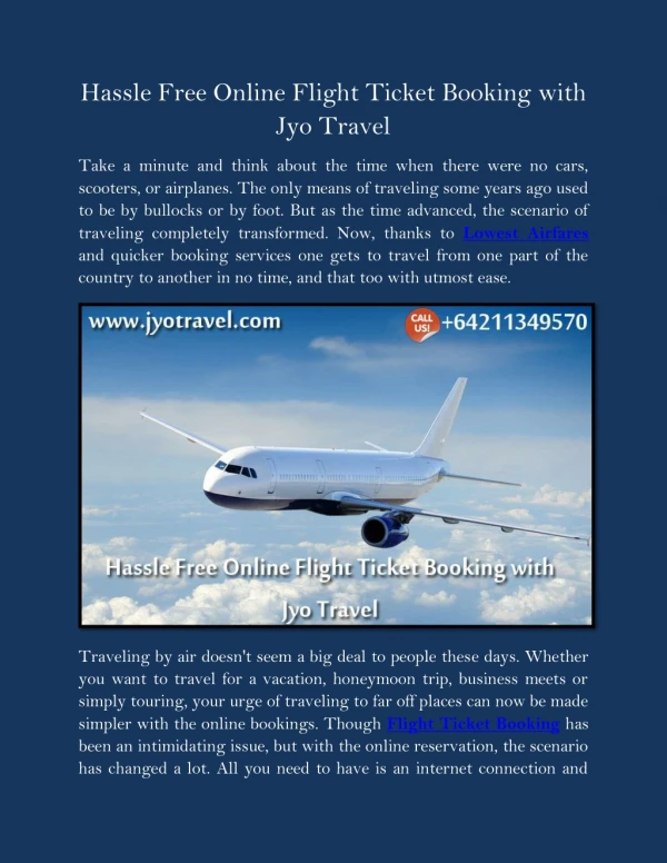 Hassle Free Online Flight Ticket Booking with Jyo Travel