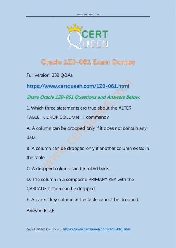 2018 CertQueen Oracle 1Z0-061 Exam Dumps