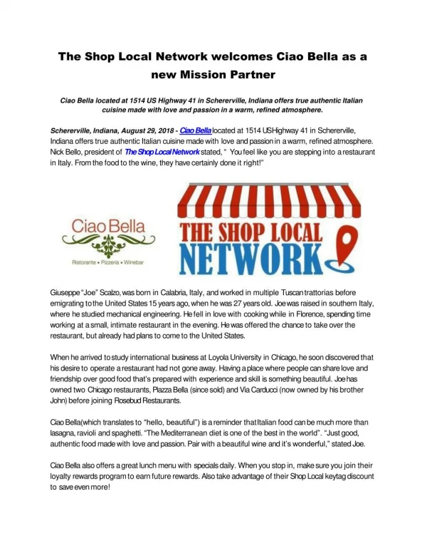 The Shop Local Network welcomes Ciao Bella as a new Mission Partner