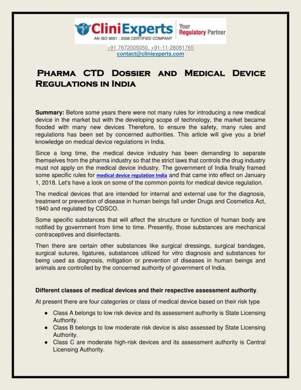 Pharma CTD Dossier and Medical Device Regulations in India