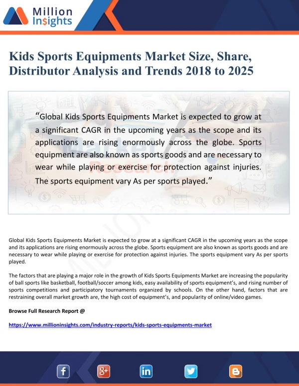 Kids Sports Equipments Market Size, Share, Distributor Analysis and Trends by 2025