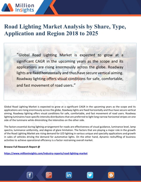 Road Lighting Market Analysis by Share, Type, Application and Region 2018 to 2025
