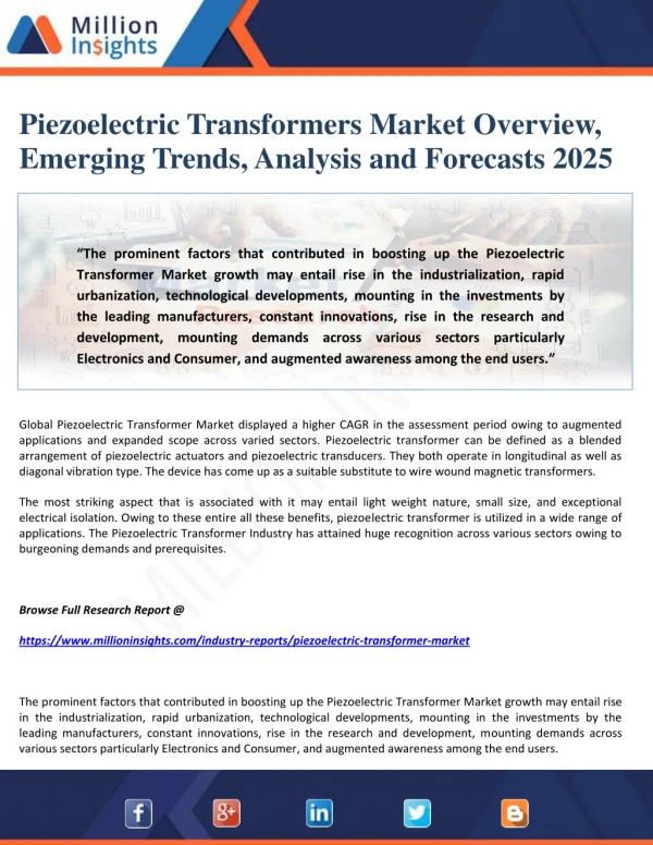 Piezoelectric Transformers Market Overview, Emerging Trends, Analysis and Forecasts 2025
