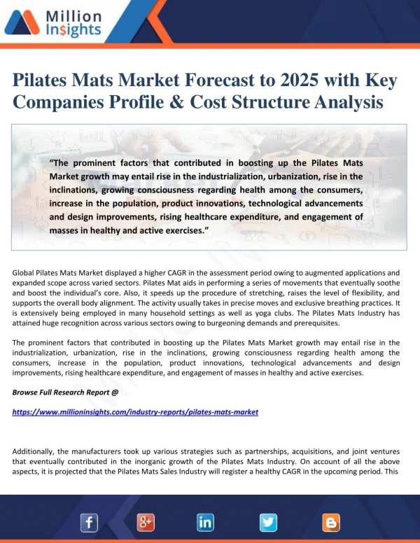 Pilates Mats Market Forecast to 2025 with Key Companies Profile & Cost Structure Analysis